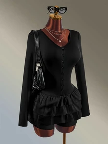Amplova Solid Color Ruffle Trim Fitted Athletic Romper - Black - View 4