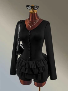 Amplova Solid Color Ruffle Trim Fitted Athletic Romper - Black - View 6