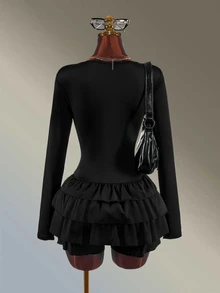 Amplova Solid Color Ruffle Trim Fitted Athletic Romper - Black - View 2