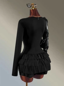 Amplova Solid Color Ruffle Trim Fitted Athletic Romper - Black - View 8