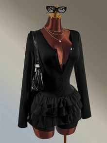 Amplova Solid Color Ruffle Trim Fitted Athletic Romper - Black - View 9