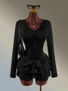 Amplova Solid Color Ruffle Trim Fitted Athletic Romper - Black - View 5