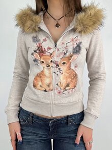 Sundraya Women's Digital Print Hooded Slim Fit Sweatshirt Jacket - Multicolor - View 1