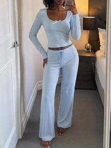 Livesso Women's Bowknot Decor Long Sleeve Top And Pants Casual Daily Homewear Set Fall - Blue - View 4