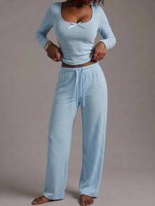 Livesso Women's Bowknot Decor Long Sleeve Top And Pants Casual Daily Homewear Set Fall - Blue - View 3