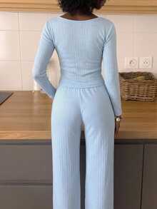 Livesso Women's Bowknot Decor Long Sleeve Top And Pants Casual Daily Homewear Set Fall - Blue - View 2