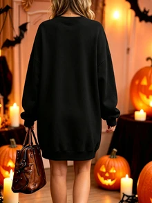 EMERY ROSE Plus Size Women's Skull Print Drop Shoulder Long Sleeve Casual Dress, Vacation Style - Black - View 2