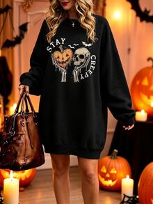 EMERY ROSE Plus Size Women's Skull Print Drop Shoulder Long Sleeve Casual Dress, Vacation Style - Black - View 1