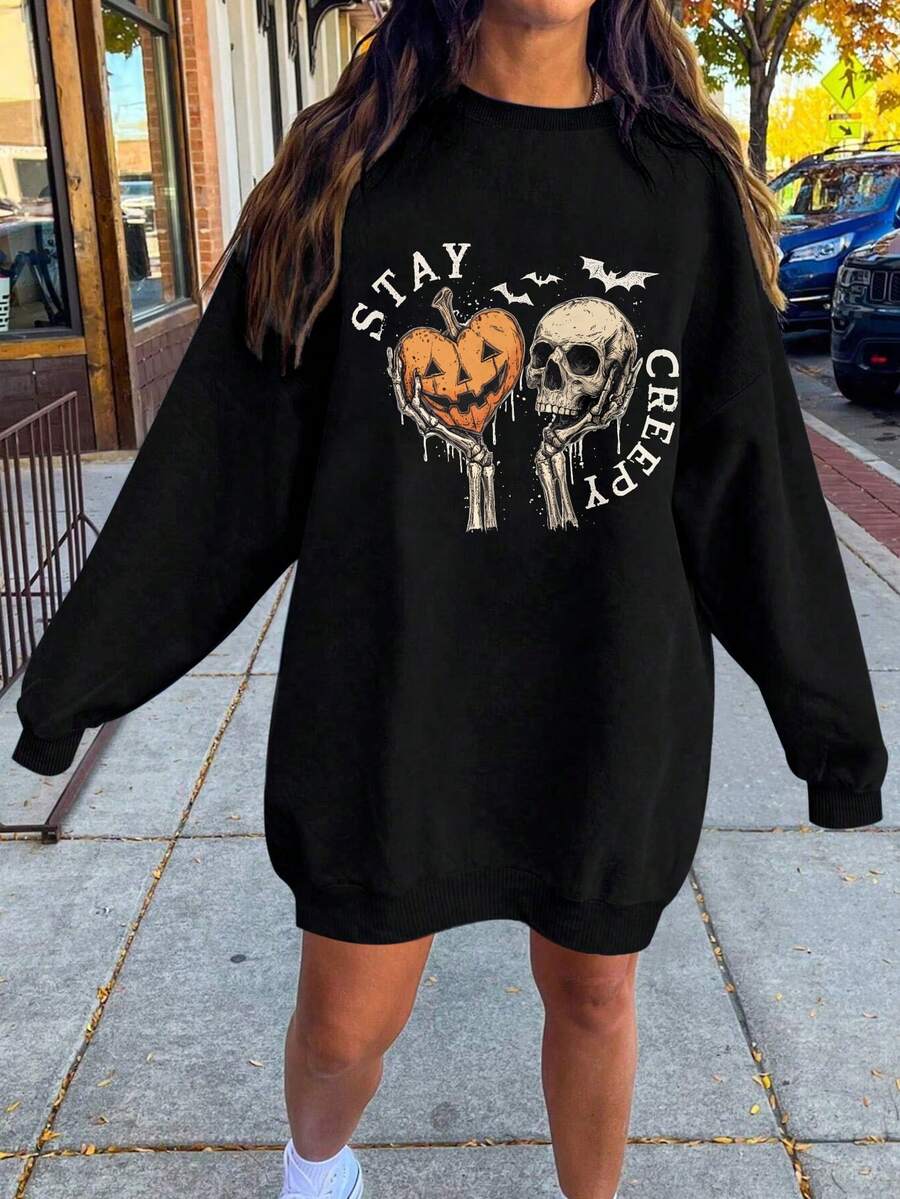 EMERY ROSE Plus Size Women's Skull Print Drop Shoulder Long Sleeve Casual Dress, Vacation Style - Black - View 1