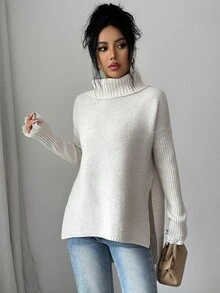 SHEIN Turtleneck Drop Shoulder Split Hem Sweater - Apricot - View 4