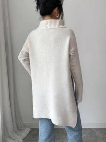 SHEIN Turtleneck Drop Shoulder Split Hem Sweater - Apricot - View 2