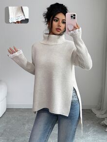 SHEIN Turtleneck Drop Shoulder Split Hem Sweater - Apricot - View 1