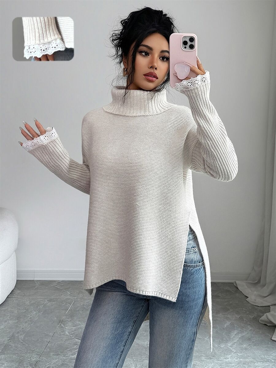 SHEIN Turtleneck Drop Shoulder Split Hem Sweater - Apricot - View 1