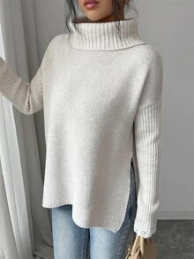 SHEIN Turtleneck Drop Shoulder Split Hem Sweater - Apricot - View 3