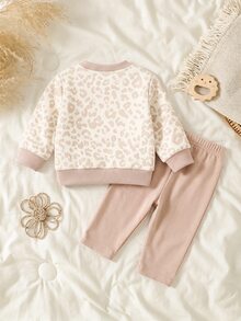 2 Pieces Cute Baby Leopard Print Set: Long-Sleeve Shirt + Solid-Colored Pants, - Multicolor - View 2