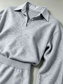 Autumina Light Grey Shirt Collar Woven Patchwork Preppy Casual Loose Minimalist Sporty Fashion Urban Commute Knit 2 Pieces Set For Women Brunch Fall - Grey - View 6