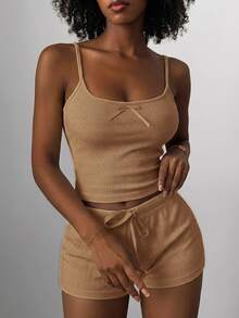Livesso Women's Bow Decor Camisole Top And Drawstring Waist Shorts Loungewear Set Fall - Khaki - View 3