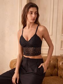Charlaine Women's Black Lace Crop Cami Top Romantic French Style Spaghetti Strap Innerwear - Black - View 6