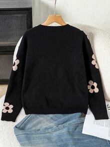 SHEIN 青少年女孩花卉圖案休閒日常長袖針織套衫 - 黑色 - 查看 2