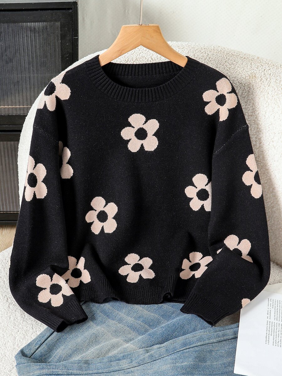 SHEIN 青少年女孩花卉圖案休閒日常長袖針織套衫 - 黑色 - 查看 1