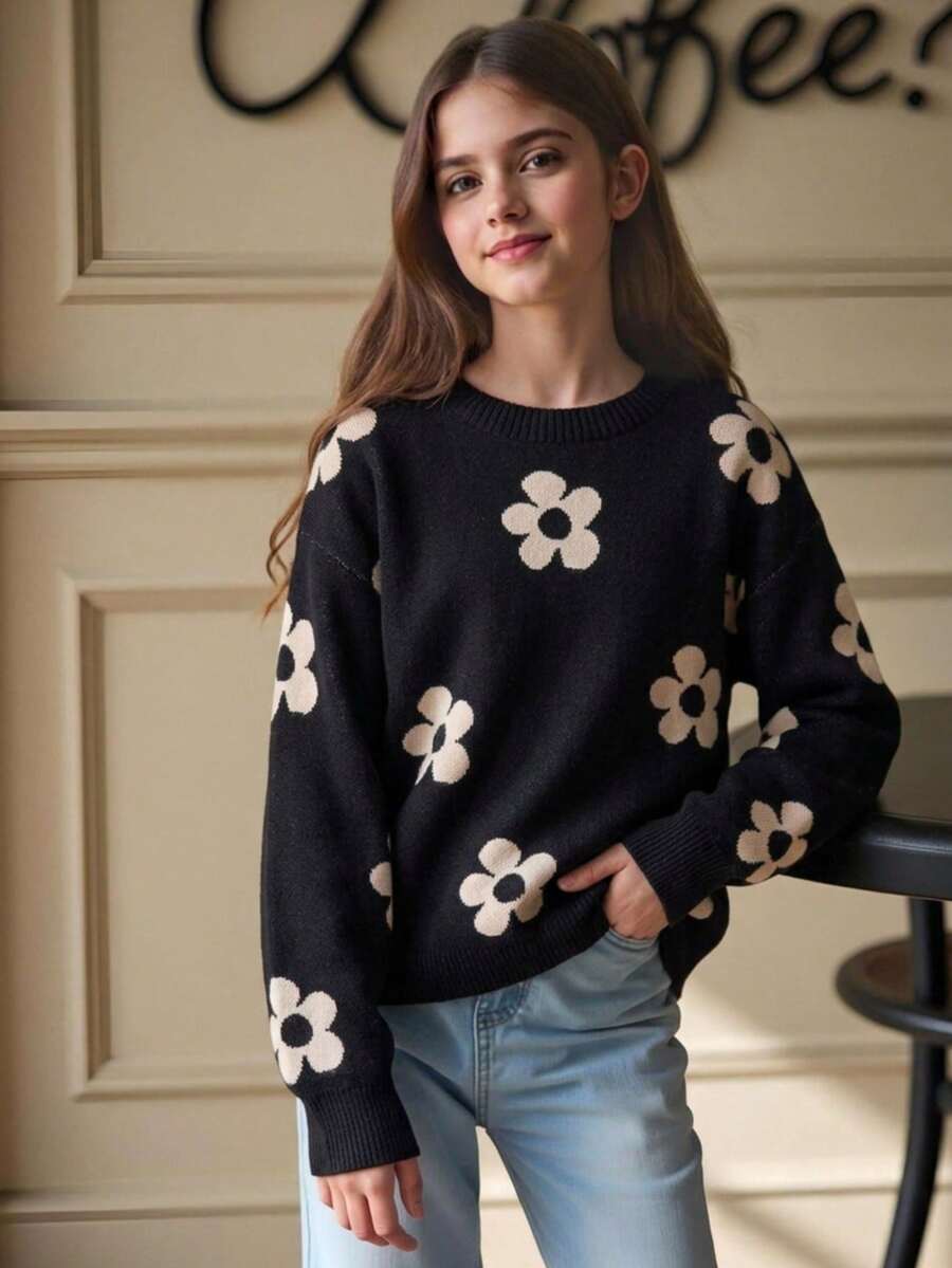 SHEIN Tween Girl Floral Pattern Casual Daily Long Sleeve Sweater Pullover - Black - View 1