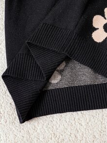 SHEIN 青少年女孩花卉圖案休閒日常長袖針織套衫 - 黑色 - 查看 6