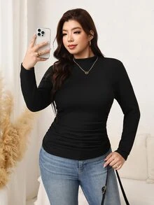 SHEIN LUNE Plus Size Women's Solid Color Mock Neck Long Sleeve Fitted Base Layer T-Shirt - Black - View 4