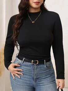 SHEIN LUNE Plus Size Women's Solid Color Mock Neck Long Sleeve Fitted Base Layer T-Shirt - Black - View 7