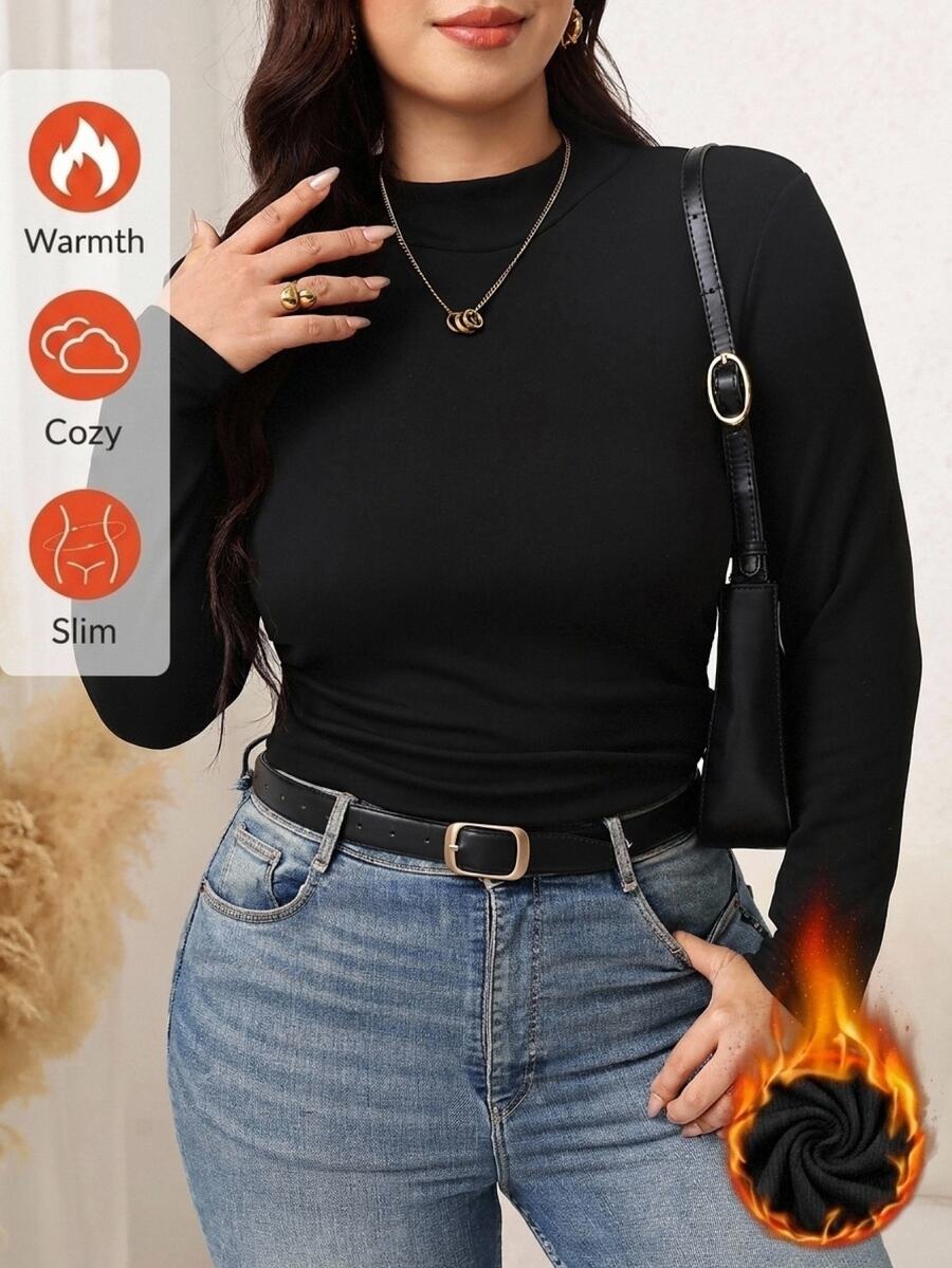 SHEIN LUNE Plus Size Women's Solid Color Mock Neck Long Sleeve Fitted Base Layer T-Shirt - Black - View 1