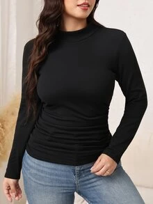 SHEIN LUNE Plus Size Women's Solid Color Mock Neck Long Sleeve Fitted Base Layer T-Shirt - Black - View 8