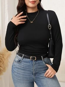 SHEIN LUNE Plus Size Women's Solid Color Mock Neck Long Sleeve Fitted Base Layer T-Shirt - Black - View 6