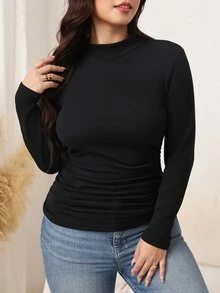 SHEIN LUNE Plus Size Women's Solid Color Mock Neck Long Sleeve Fitted Base Layer T-Shirt - Black - View 3