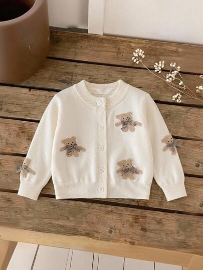 Baby Girls Sweet Cute Apricot Bear Jacquard Fuzzy Round Neck Regular Shoulder Long Sleeve Cardigan Sweater Top Loose Versatile Elegant Knit Sweater Soft Comfortable Suitable For Daily Wear Outings Travel Home Scenes Holiday Outfits Autumn Winter