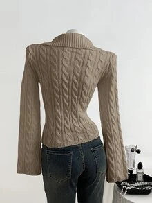 Elamini 女士休闲宽松纯色绞花针织毛衣，秋冬季 - 卡其色 - 查看 2