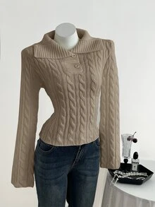 Elamini 女士休闲宽松纯色绞花针织毛衣，秋冬季 - 卡其色 - 查看 5