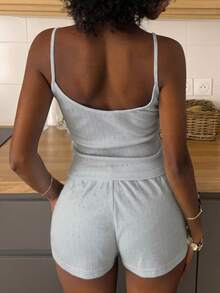 Livesso 女款蝴蝶結裝飾細肩帶上衣與短褲休閒居家服套裝 - 灰色 - 查看 2