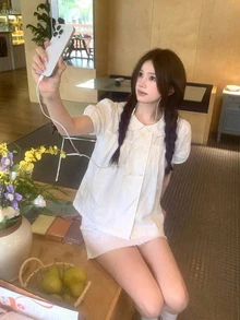 DAZY 女款彼得潘領格紋休閒韓風學院風襯衫，度假夏季可愛上衣 - 米色 - 查看 4