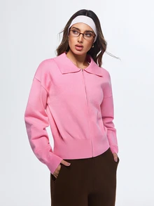 Eassivo Eassivo Regular Fit Long Sleeve Knit Sweater With Collar - Pink - View 5