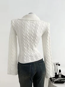 Elamini 女士时尚宽松针织图案纽扣半开襟长袖毛衣，秋冬款 - 白色 - 查看 2