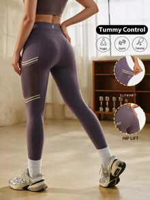Eassivo Eassivo Women's Summer Sports Yoga Pants, Letter Print Mesh Patchwork Contrast Color, Fashionable Fitness Training Running Butt Lifting Leggings - Purple - View 2