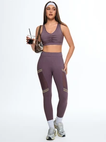 Eassivo Eassivo Women's Summer Sports Yoga Pants, Letter Print Mesh Patchwork Contrast Color, Fashionable Fitness Training Running Butt Lifting Leggings - Purple - View 6