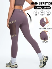 Eassivo Eassivo Women's Summer Sports Yoga Pants, Letter Print Mesh Patchwork Contrast Color, Fashionable Fitness Training Running Butt Lifting Leggings - Purple - View 4