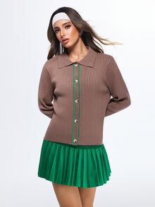 SHEIN Sports Sweater Polo Lengan Panjang dengan Potongan Reguler, Trim Kontras, dan Kancing Depan - Mocha Brown - View 5