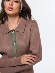 SHEIN Sports Sweater Polo Lengan Panjang dengan Potongan Reguler, Trim Kontras, dan Kancing Depan - Mocha Brown - View 8