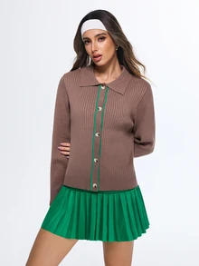 SHEIN Sports Sweater Polo Lengan Panjang dengan Potongan Reguler, Trim Kontras, dan Kancing Depan - Mocha Brown - View 6