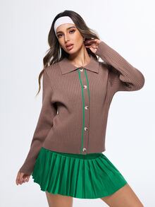 SHEIN Sports Sweater Polo Lengan Panjang dengan Potongan Reguler, Trim Kontras, dan Kancing Depan - Mocha Brown - View 7