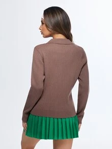 SHEIN Sports Sweater Polo Lengan Panjang dengan Potongan Reguler, Trim Kontras, dan Kancing Depan - Mocha Brown - View 4