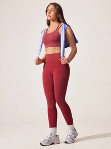 Eassivo Eassivo Women's Solid Color High Waist Seamless Leggings - Burgundy - View 11