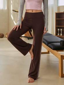 Eassivo Eassivo 1Pc Women's Minimalist Elastic Straight Wide-Leg Sports Pants, High Waist V-Shaped Butt Lifting Design, Suitable For Spring And Summer - Brown - View 3
