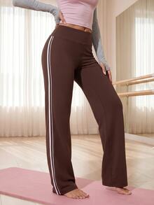 Eassivo Eassivo 1Pc Women's Minimalist Elastic Straight Wide-Leg Sports Pants, High Waist V-Shaped Butt Lifting Design, Suitable For Spring And Summer - Brown - View 7